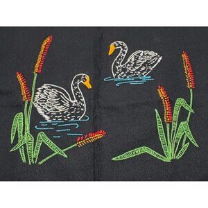 Vintage Embroidered Swan & Cattail Design Black Felt Panel Handmade